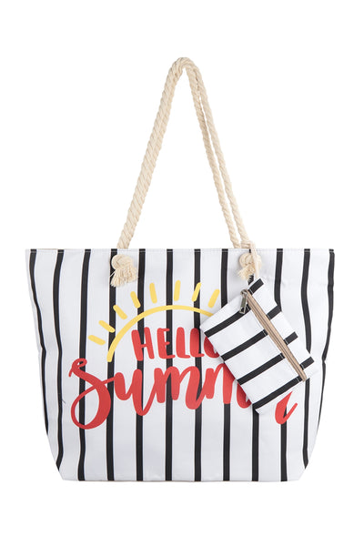 HELLO SUMMER STRIPED TOTE BAG WITH MATCHING WALLET-BLACK