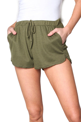 Women's High Waist Rib Knit Pocketed Shorts - Olive