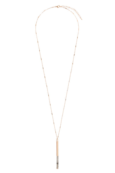 ROUND BAR W/ BEADS PENDANT CHAIN NECKLACE-MATTE GOLD GRAY