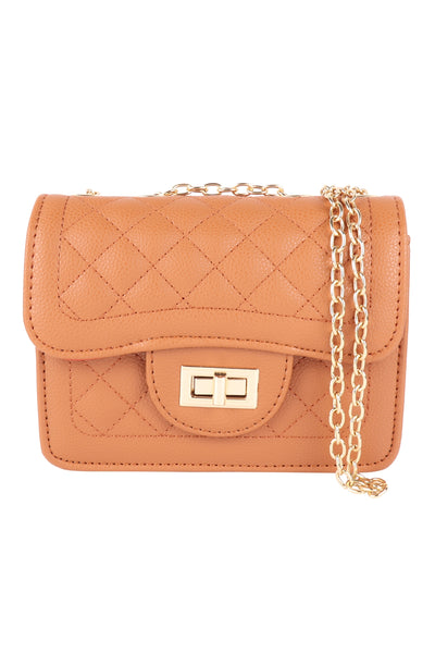QUILTED DIAMOND LEATHER CROSS BODY BAG-TAN