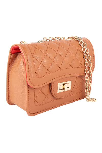 QUILTED DIAMOND LEATHER CROSS BODY BAG-TAN