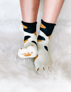 Cat Paw Cozy Sleep Socks - Black/Camel Spots