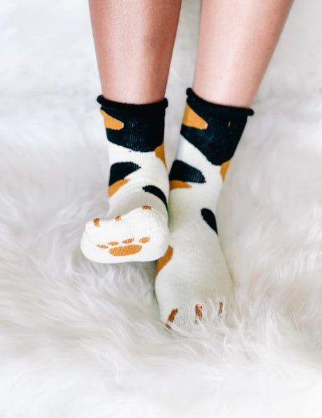 Cat Paw Cozy Sleep Socks - Black/Camel Spots
