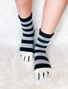 Cat Paw Cozy Sleep Socks - Grey Stripes