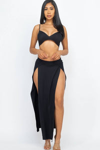 Bra Top & Side Slit Maxi Skirt Resort Set- Black