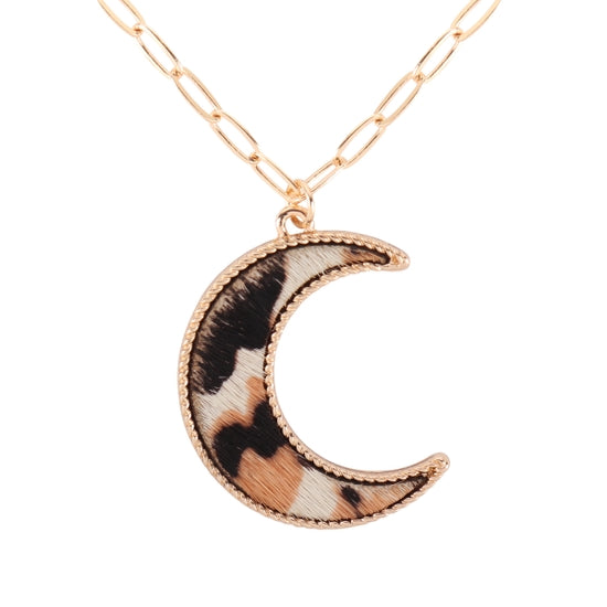 Moon Shaped Leather Layered Necklace - Leopard Ivory