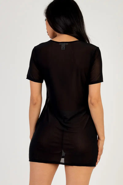 Sexy Sheer Mesh T-Shirt Dress - Black