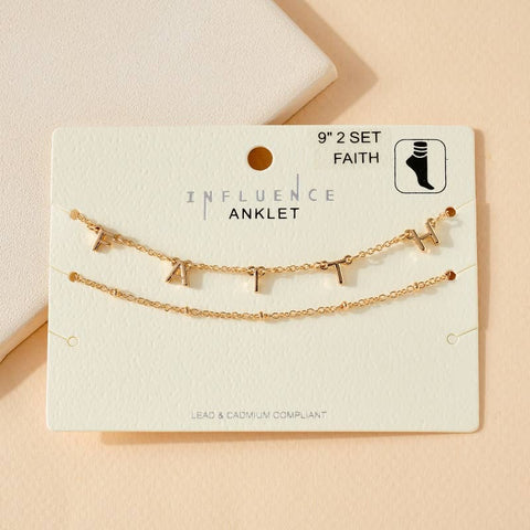 Set of Faith Charm and Simple Chain Anklets - Gold