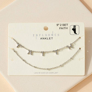 Set of Faith Charm and Simple Chain Anklets - Silver