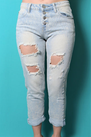 Refuge Cropped Boyfriend Ripped Jeans - Washed Denim