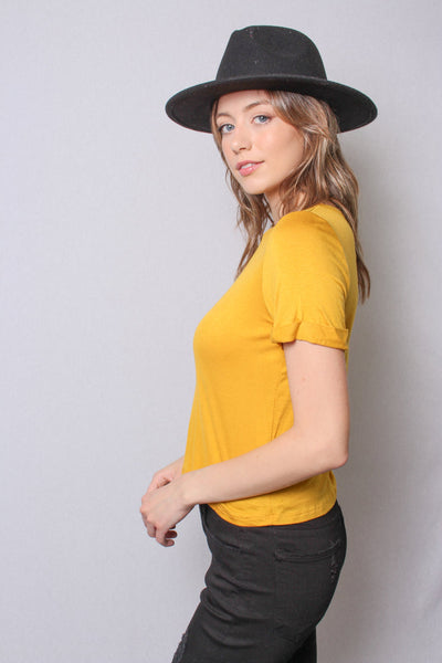 Women's Short Sleeve Round Neck Basic Top - Mustard