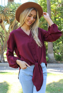 V Neck Long Sleeves Button Detail Tie Front Top