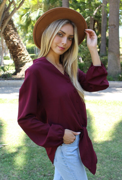 V Neck Long Sleeves Button Detail Tie Front Top